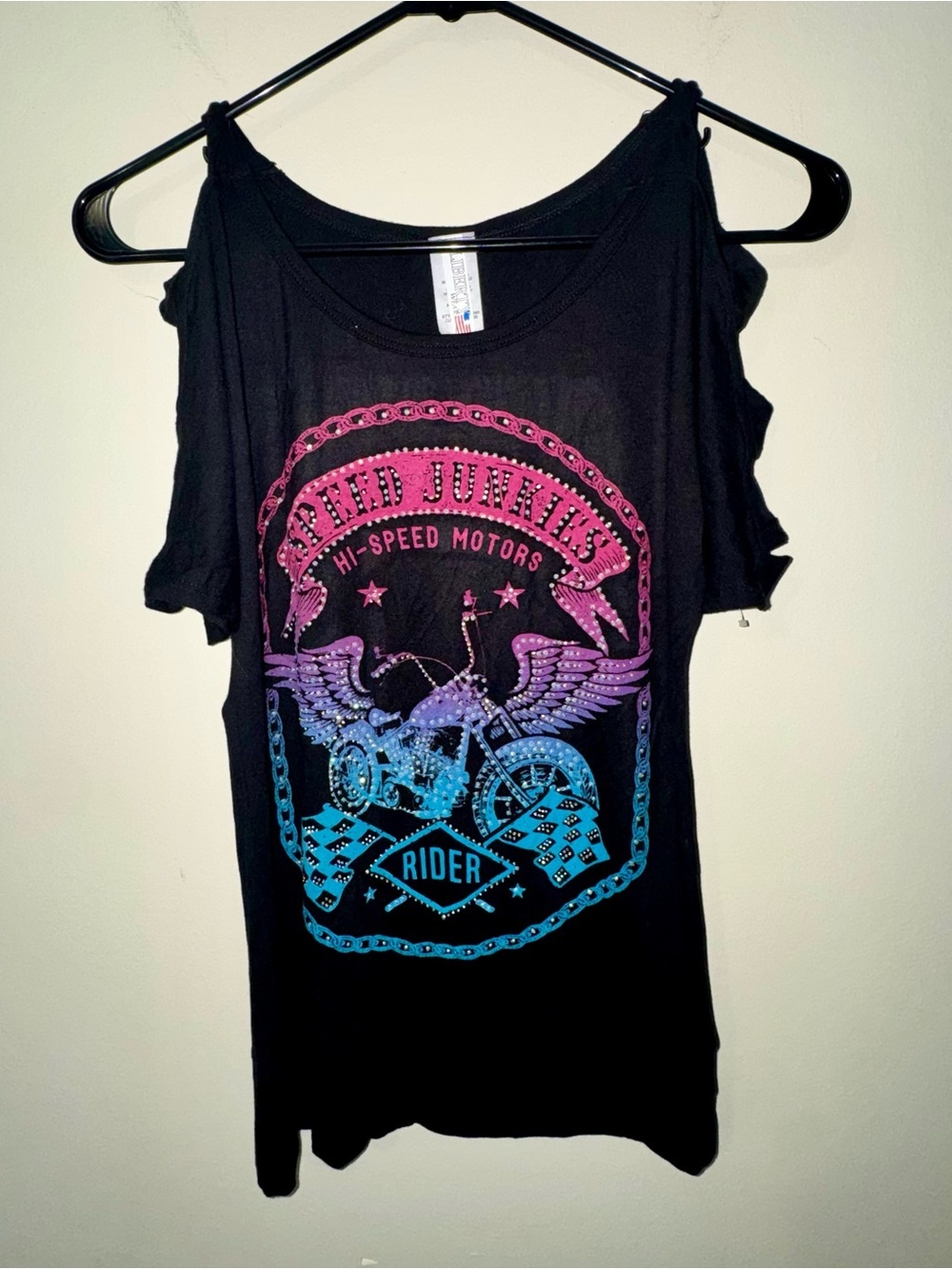 NWT "Speed Junkies Hi-Speed Motors Rider" Sequined Top with Open Shoulders